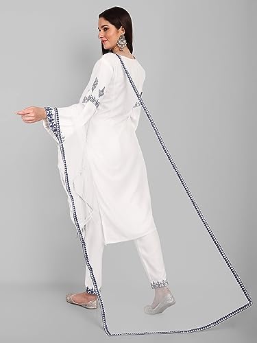 Image of Naixa Women's Viscose Rayon Embroidered Straight Kurta with Pant and Embroidered Laced Dupatta Set (NX-388)