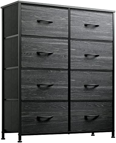 WLIVE Fabric Dresser for Bedroom, Tall Dresser with 8 Drawers, Storage Tower with Fabric Bins, Double Dresser, Chest of Drawers for Closet, Living Room, Dormitory, Charcoal Black Wood Grain Print