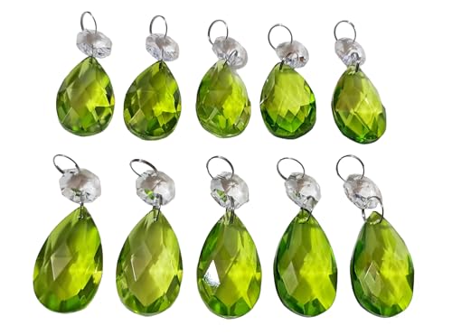 10 lámparas de araña ovaladas de color verde salvia con gotas de cristal cortadas, prismas, adornos de árbol de Navidad, decoraciones de boda, piezas de lámpara de luz (ovalada salvia)