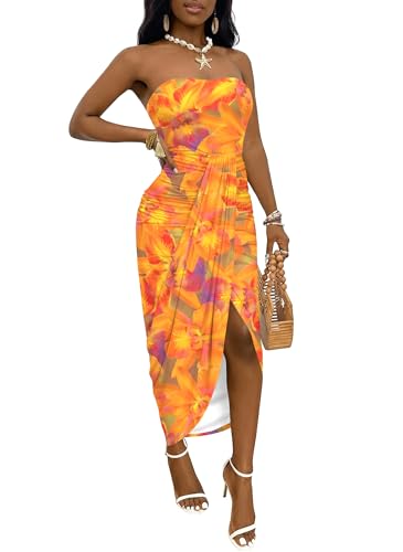 Image of Umenlele Women's Strapless Ruched High Waist Wrap Split Asymmetrical Beach Maxi Long Dress