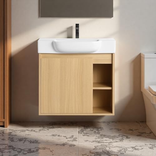 Image of 24 inch Bathroom Vanity with Ceramic Sink, Modern Wall-Mounted Bathroom Vanity with Soft-Close Door & 2 Open Storage Shelves, Farmhouse, Undermount Storage Cabinet, Easy to Clean, Light Oak