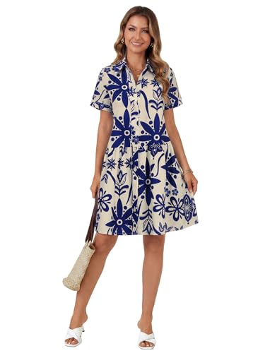 Image of Rooscier Women's Striped Shirt Dress Button Down Collared Short Sleeve Mini Dress