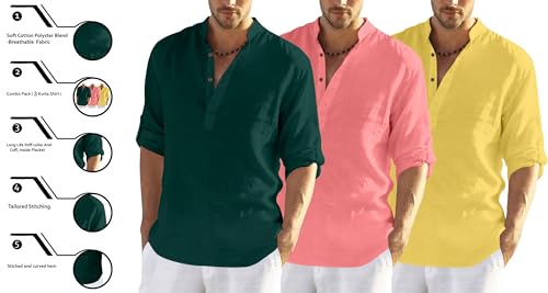 Image of Zombom Combo of Men's Solid Cotton Polyester Blend Full Sleeve Mandarin /Chinese Collor Straight Kurta Shirt (Pack of 3)