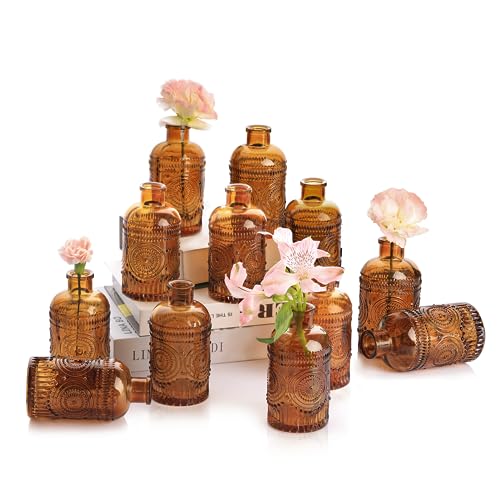 Comsaf Glass Bud Vases Set Of 12, Small Brown Bud Vases In Bulk, Mini Flowers Vases For Centerpieces, Vintage Bottle For Table Decorations, Wedding Decor, Recepetion, Home, (Amber) #TOP7