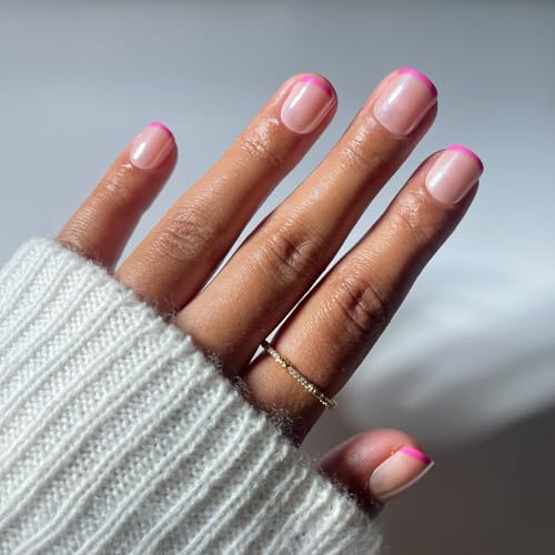 Glamnetic Press On Nails - Pink Tutu | Super Short Fake Nails with Sheer Base & Pink Micro French Tips in Glazed Finish Salon Quality | 15 Sizes - 30 Nail Kit with Glue