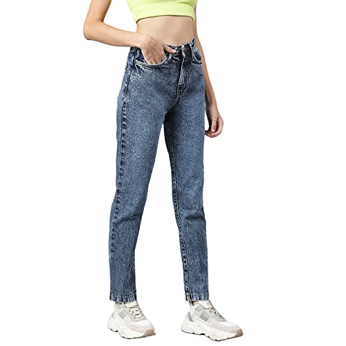 Image of Blue Dark wash 5-Pocket high-Rise Mom Fit Jeans, Clean Look, has a Button and Zip Closure,Non Stretchable and Waistband with Belt Loops