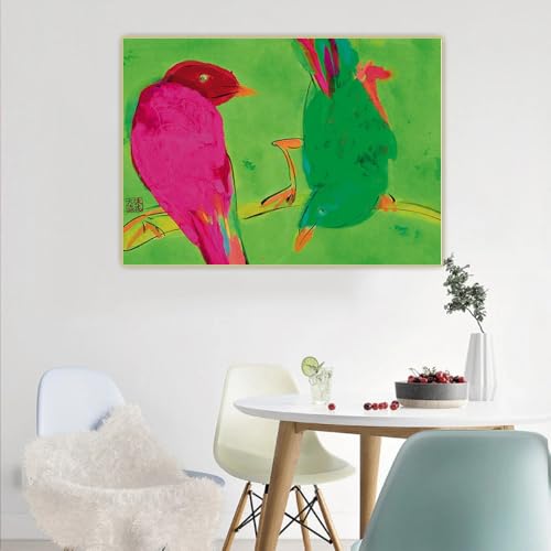 Tableau Walasse Ting Oiseau Rouge Vert pour Décoration Intérieure 80x60 - 2