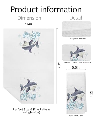 XUNLURY Coastal Shark Octopus Kitchen Towels, Coastal Beach Ocean Hand Towels for Kids Bathroom Decor, Cute Sea Animals Coral Decorative Dish Tea Towels for Kitchen, 16x24 Inch Set of 2 — view 2