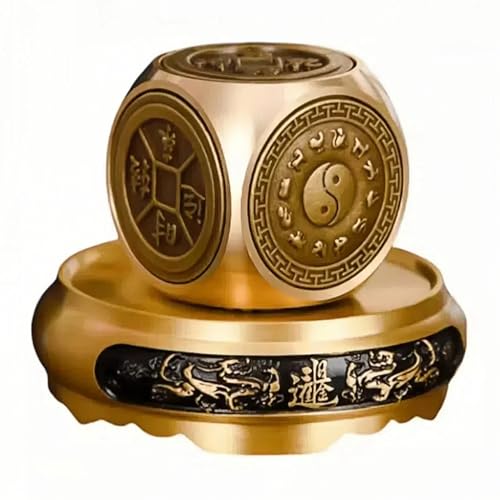 YUERVIEW Chinese Traditional Brass Feng Shui Energy Ornament with Pixiu Base,Six-Sided Auspicious Pattern for Wealth & Good Luck,Rotatable Stress Relief Spinner,Home Office Feng Shui Tabletop Decor