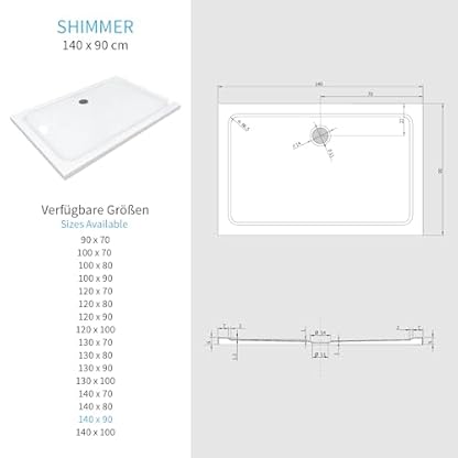 MOG Duschwanne SHIMMER 90x140 cm - Flache rechteckige Duschtasse aus langlebigem Sanitäracryl in Weiß, inkl. Ablaufgarnitur (Siphon) mit Geruchsverschluss – Bild 4