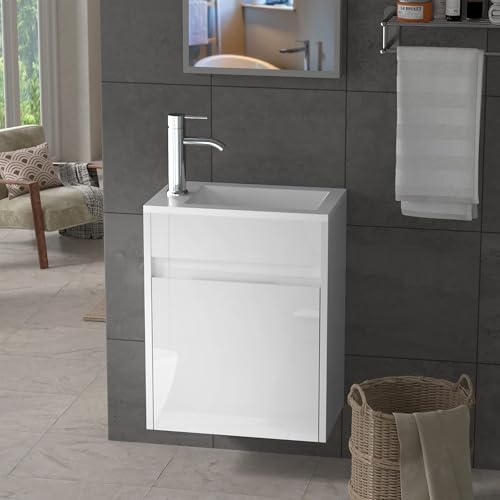 UEV Meuble de Salle de Bain Mural 41cm, Meuble de Lavabo Suspendu Blanc avec Rangement, Lavabo en Résine, Robinet Chromé, 41 x 25 x 50 cm, Blanc