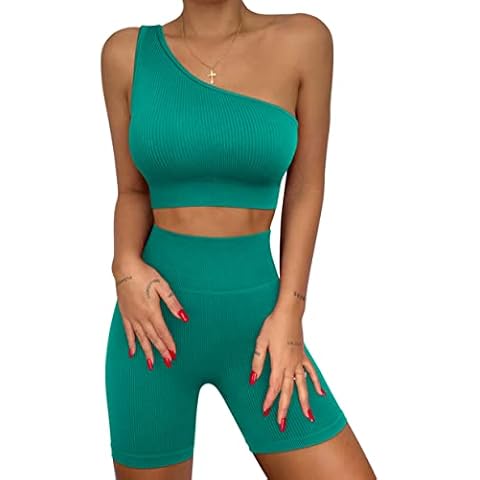 GXIN Workout Sets for Women 2 Piece Seamless One Shoulder Sport Bra High Waist Shorts Running Gym Yoga Outfits (L, S2-Green) Cover