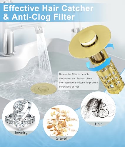 Image of QYHNYJF Upgraded Bathroom Sink Stopper with Hair Catcher - Universal Pop-Up Drain Plug, Stainless Steel & Silicone Seal for 1.1-1.5 Inch Drains, Gold Matte Brushed Finish (Gold Matte Brushed)