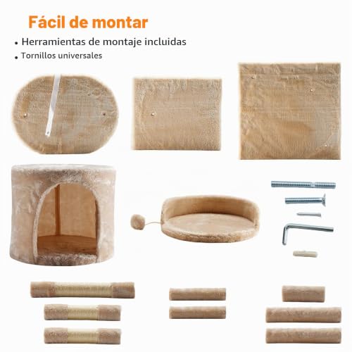 Miniatura 8 de Árbol Para Gatos 112cm,Torre De Juegos Para Gatos Con 3 Postes De Sisal,2 Plataformas,1 Nido Acolchado,1 Pompones,Múltiples Niveles,Beige,Adecuado Para Gatos De Tamaño Pequeño Y Mediano