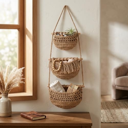 Cesta colgante de 3 niveles para organizar frutas y verduras frescas en la pared de tu cocina 8