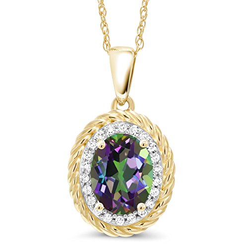 Gem Stone King 14K Yellow Gold Green Mystic Topaz and White Diamond Pendant Necklace For Women (1.45 Ct Oval 8X6MM with 18 Inch Chain)
