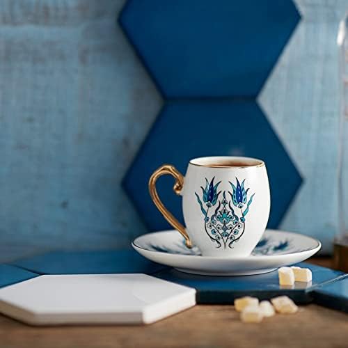 Karaca Iznik Set of 2 Coffee Cups 90 cc, Small Porcelain Espresso Cups and Saucers, Turkish Coffee Cup, Set of 2 Demitasse Cups 3 oz Ounce for Specialty Coffee Drinks, Single/Double Espresso Set