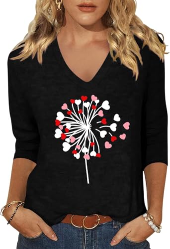 Image of Woffccrd Womens 3 /4 Sleeve V Neck T-Shirts Valentina's Day Spring Shirts Love Heart Printed Graphic Tees