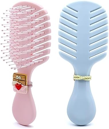 DINATIS Hair Brush 2 PCS Small Hair Brush for Kids Mini Travel Vent Cute Hair Brush Toddlers Girls Styling Wet Brush Fast Dry Shower Detangler Brush Ultra Soft Bristles Glide Through Tangles with Ease for Women Girl Kids Curly Straight Hair (Blue Pink)