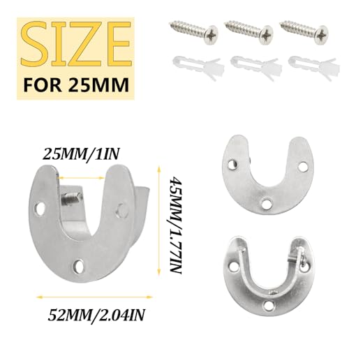 Ruidee 4 Stück Rundrohr Halterung 25mm Stangenhalterung U-förmiges Set Edelstahl Flansch Halterung für Kleiderstangen,Wäscheständer (FL/Silver/25MM)