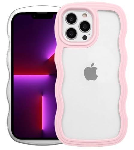 Image of GoldKart iPhone 13 Pro Max Case Wavy Edge Clear Back Design, Anti-Slip Grip Cute Wave Curly Frame Shape Shockproof Soft TPU & Hard PC Bumper Protective Phone Case Cover for Women Girls - Pink