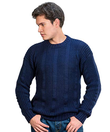 Thick Handmade Jumper for Men in Blue Alpaca Wool - Winter Crewneck Pullover - Chunky Knit Sweater