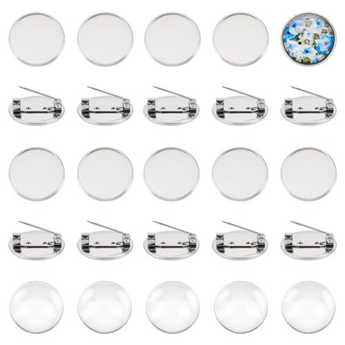 UNICRAFTALE 30 Sets 20mm Flat Round Stainless Steel Brooch Tray Base Blank Cabochon Brooches Making Kit Clear Glass Cabochons Brooch Clasps Pin Disk Base Christmas Day for Jewellery Making Kits
