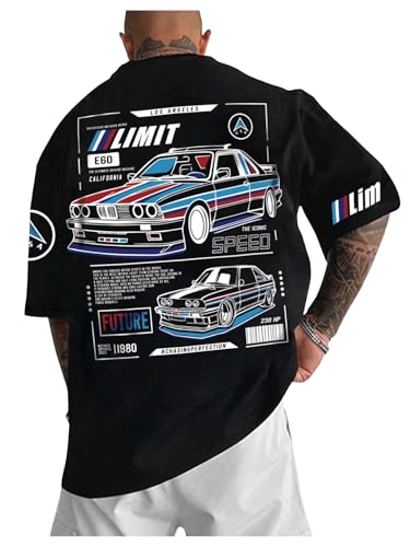 SOLY HUX Men's Graphic Tees Letter Car Print Short Sleeve T Shirt Streetwear Summer Tops Black Car Small