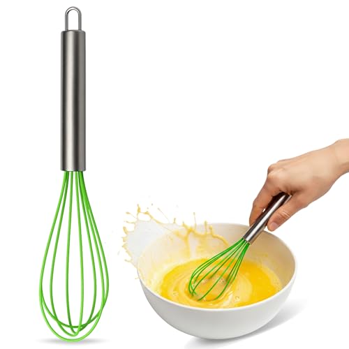 Batidor manual, Varillas de batir, Mezclador manual, Batidor de cocina, Batidor de huevos, Apto para Mezclar, Revolver la Masa, Huevos, Longitud 25 cm, Silicona y Acero inoxidable, Verde