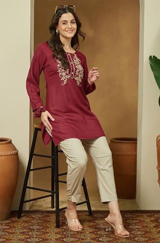 Image of Janasya Women's Maroon Rayon Embroidered Straight Short Kurti