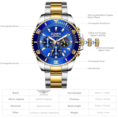 Image of ZUIPAI Moon Phase Watch for Men Chronograph Dial Analog Quartz Wristwatch Luxury Diamond Business Dress Watch with Luminous Waterproof Calendar Stainless Steel Strap