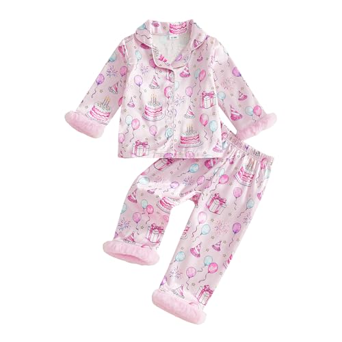 Kuriozud Kids Toddler Girl Satin Pajamas Fuzzy Trim Long Sleeve Button Down Shirt Top and Pants 2pcs Pjs Sets Sleepwear (Birthday Cake Pink 12-18 Months)