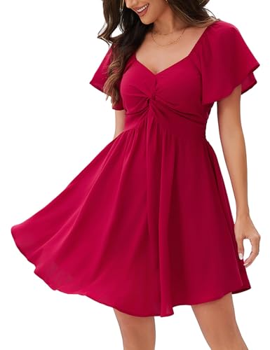 Image of Florboom Women's Sweetheart Knot Front Dress Flutter Sleeve Tie Back A-Line Chiffon Mini Dresses