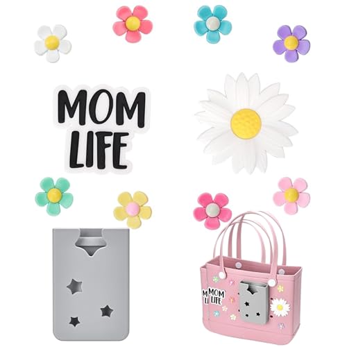 Ella & Emma 16pcs Flower Charm Accessory for Bogg Bags and Simply Southern Totes, Decorative Accessories to Customize Your Beach Tote Bag (Grey Phone Holder + 9pcs Flower Charms)