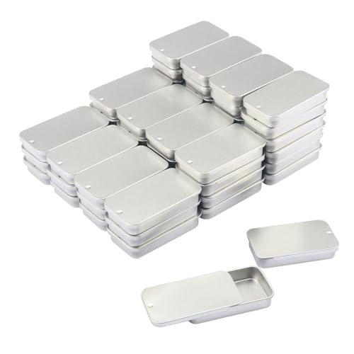 Image of Biugaaufai 60 Pack Silver Mini Rectangular Metal Tins Boxes with Sliding lids, Small Empty Slide Top Metal Tin, Lip Balm Slide Tins with Lid for Crafts, Jewelry, Candies (2.36 x 1.34 x 0.43 Inch)