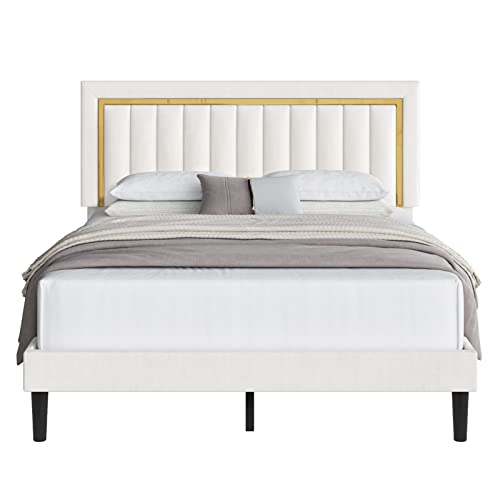 Hithos Queen Size Bed Frame With Adjustable Tufted Headboard, Velvet Upholstered Platform Bed Frame With Gold Trim, Heavy Duty Mattress Foundation With Steel Frame, Easy-Assembly Slats (Beige, Queen) #TOP6