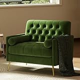 ZH4YOU Green Accent Chair with Arms, Mid Century Modern Accent Armchair for Bedroom, Button Tufted Living Room Chairs Comfy Single Chair with Gold Legs, 2 Throw Pillows, Green