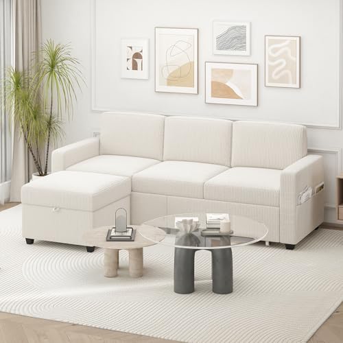 Advwin 3 Seater Sofa 197cm with Storage Ottoman and Drawers, Corduroy Fabric L-Shaped Convertible Modern Sectional Couch Sofa with Chaise Beige