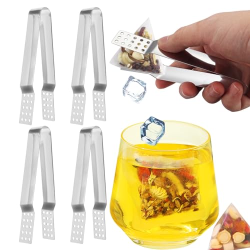 4-Pack Stainless Steel Tea Tongs - Non-Slip Tea Bag Squeezer and Grabber - Holder, Strainer, Clip - Kitchen, Bar Tools for Ice Cube, Sugar, Lemon Slice