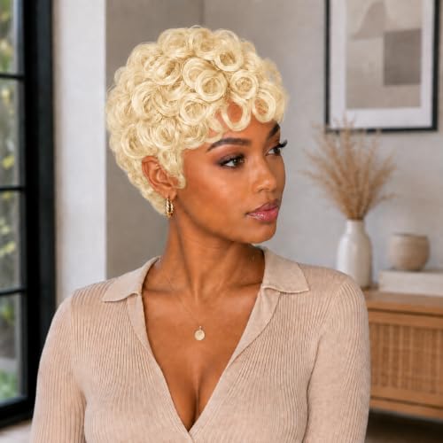 Pixie Cut Wig Human Hair for Black Women, 613# Curly Human Hair Wig