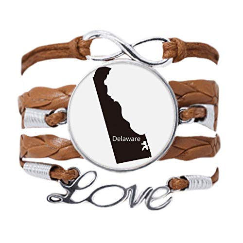 Bracelet Delaware États-Unis cordon cuir noir tordu bijou carte silhouette américaine love