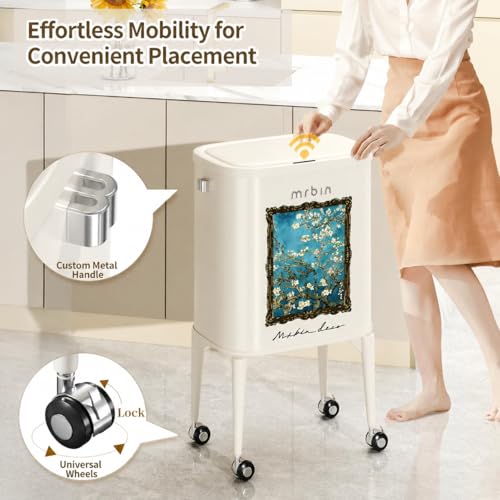 Image of MRBIN Metal Motion Sensor Kitchen Trash Can with Wheel Legs, Slim Waste Basket with Lid 36L / 9.5gal, Narrow Garbage Pail for Vanity, Bedroom, Bathroom, Living Room, Almond Blossom