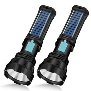 Led Solar Flashlight, 1500 Lumens Led Solar Handheld Rechargeable Flashlights with IP65 Waterproof, 2000mAh Battery for Survival Emergencies Camping (2 Packs)