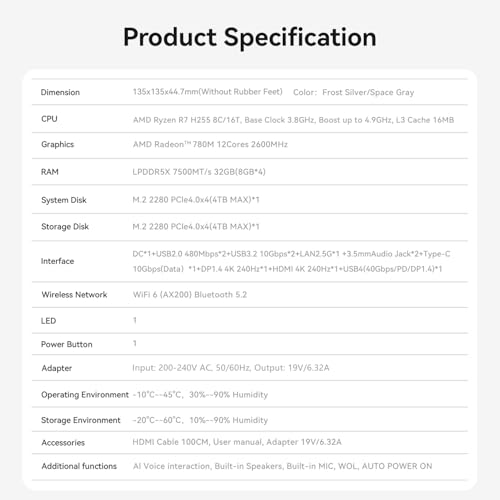 Beelink SER9 Pro+ Mini PC, AMD Ryzen R7 H255 (8C/16T hasta 4,9 GHz), 32 GB de RAM LPDDR5X, SSD M.2 de 1 TB, Mini Ordenador 4K a 240Hz, Triple Pantalla HDMI/DP/USB 4, BT5.2, Wi-Fi 6, LAN 2,5, Plata