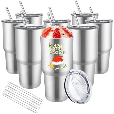 YOUKE OLA 8 Pack Stainless Steel Insulated Tumbler with Lids and Straws Bulk Double Wall Vacuum Insulated Coffee Travel Tumbler for DIY Gift (Silver, 30oz) Cover