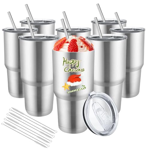 YOUKE OLA 8 Pack Stainless Steel Insulated Tumbler with Lids and Straws Bulk Double Wall Vacuum Insulated Coffee Travel Tumbler for DIY Gift (Silver, 30oz) by YOUKE OLA - Used condition - US$37.69