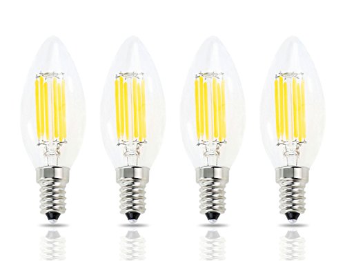 Lamsky E14 LED Filament Candle Shape Light Bulb,E14 European Base Bulb,Warm White 2700K 600LM 60W Equivalent,C35 Clear Glass Torpedo Shape Bullet Top,No-Dimmable (4-Pack)
