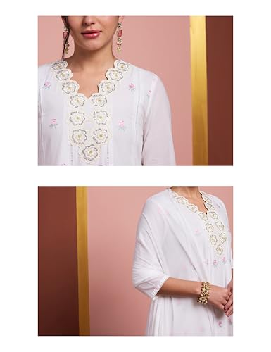 Image of Amazon Brand - Myx Women's Pure Cotton A-Line 3 piece Schiffli Suit Set (Available in Plus Sizes)