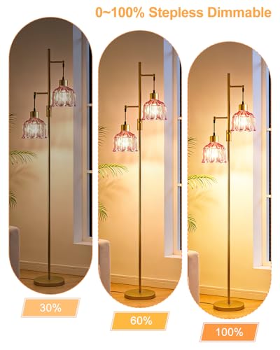Image of 2-Light Modern Glass Floor Lamp, Gold Tall Standing Lamp with Deep Red Flower Glass Shade for Reading, Dimmable LED Floor Lamp with 5Lbs Heavy Base for Living Room Bedroom Home Decor, Bulb Included