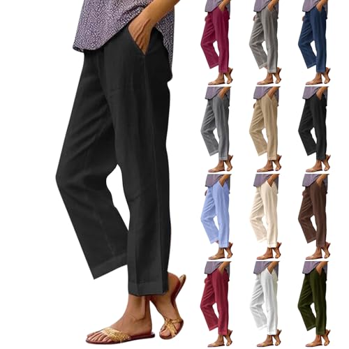 Cropped Linen Pants Women Plus Size Lightweight Summer Pants Straight Wide Leg Crop Pants Beach Pants with Pockets